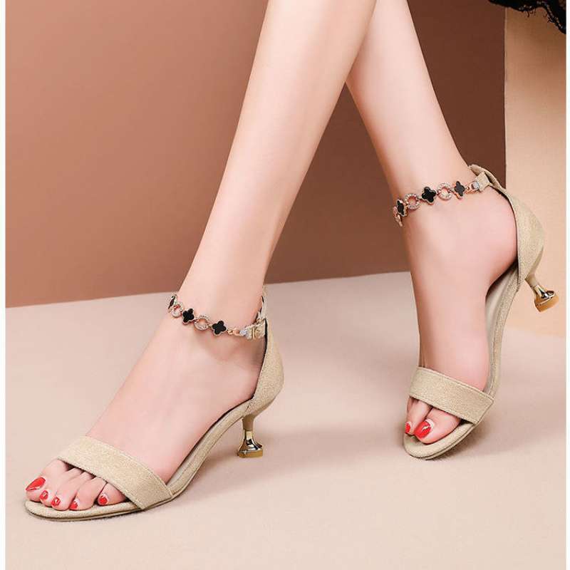 

Sandals, medium heel, fairy style 2025 new black high heels, thin heel, Korean version of versatile women s one-word button open toe 40 хаки