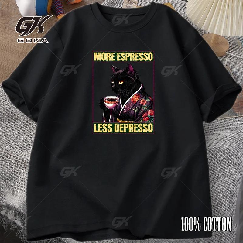 More Espresso Less Depresso Cat Drinking Coffee Funny T Shirt for Men Women Japanese Style Fashion Cotton Short Sleeve Clothing