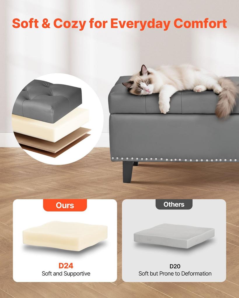 Button-Tufted Storage Ottoman Bench, PU Leather Bench with Storage and Solid Wood Legs, Modern Shoe Benches Seat for Entryway, Upholstered End of Bed