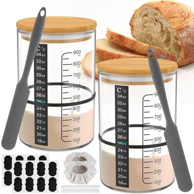 900ML Teigstarter-Glas-Set Sauerteig-Fermentationsbehälter Klares Glas Sauerteigstarter-Becher mit Deckeln und Schaber zum Backen