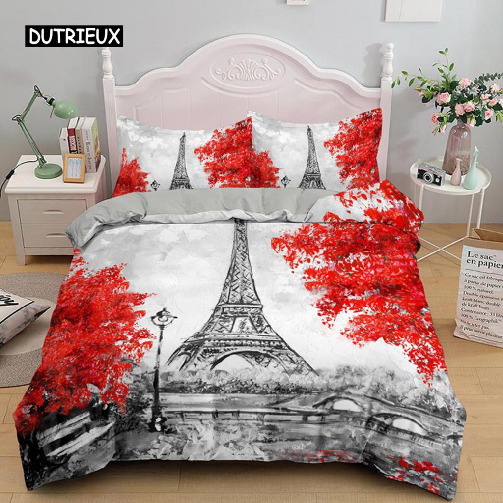 Eiffel Tower Duvet Cover King Size Paris Sunset Bedding Set Romantic France Theme Polyester Quilt Cover for Adult
