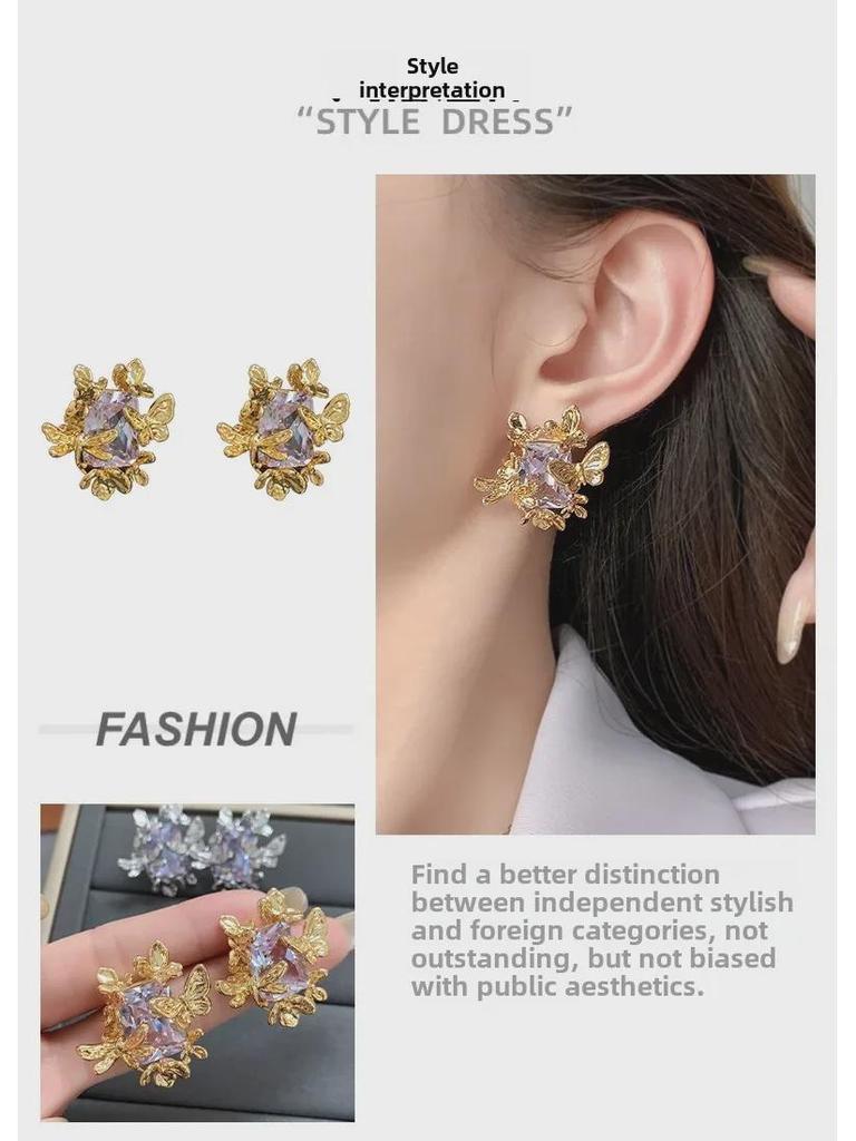 Elegant 2024 South Korea Dongdaemun Copper-Plated Gold Earrings with Zircon Inlay for Women