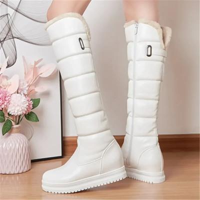 Bottes de Neige Hiver Blanc Chaud 2024 Chaussures à Talons Bas Femmes Bottes Hautes au Genou Plateforme Féminine Peluche Longues Bottes Mujer Noir 34-43