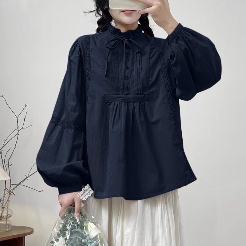 

ZANZEA Женские весенние рубашки с воротником-стойкой и длинными рукавами в полоску с кружевом темно-синий