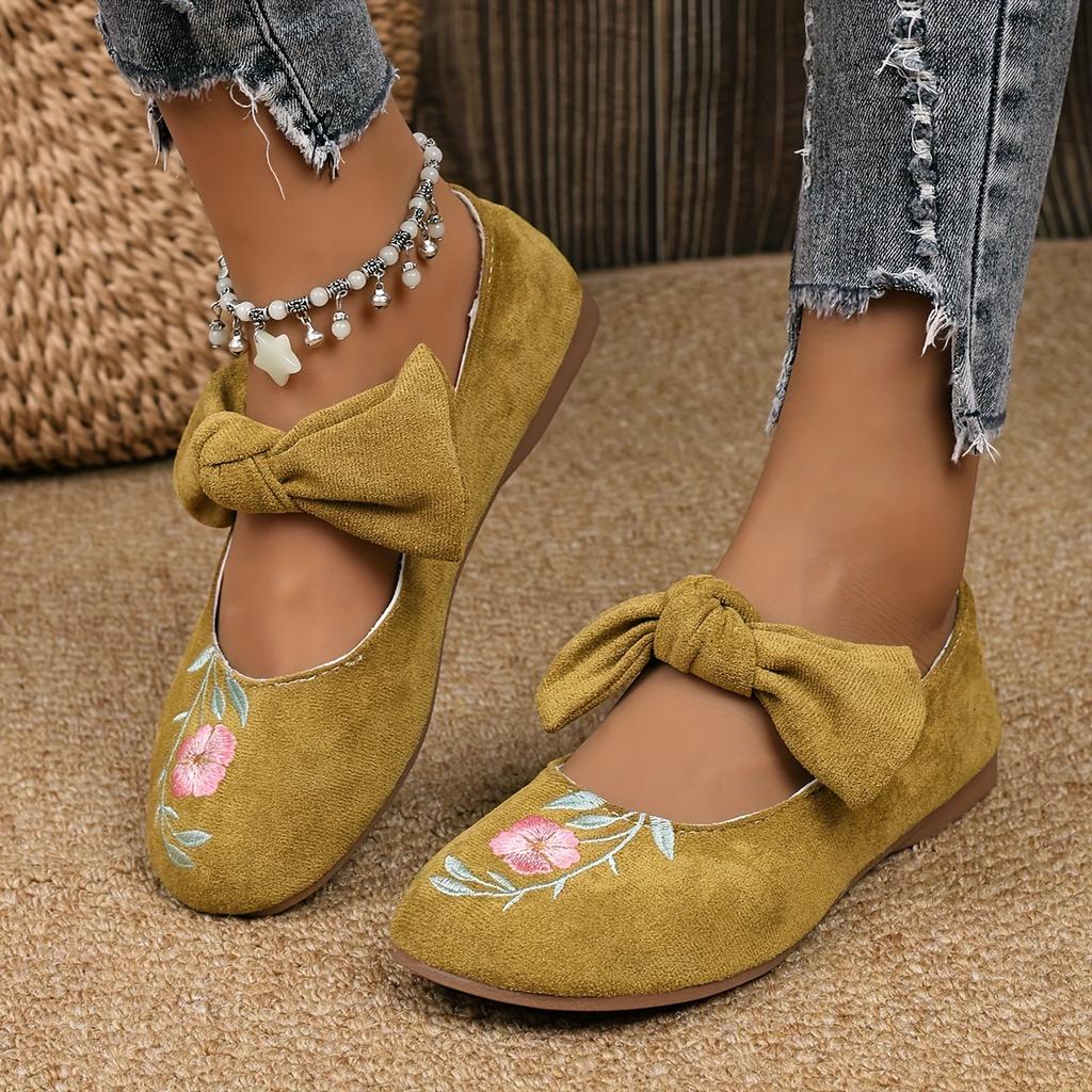 New Embroidered Bow Flat Mary Jane Shoes for Women Cross-border Ethnic Style Slip-Ons