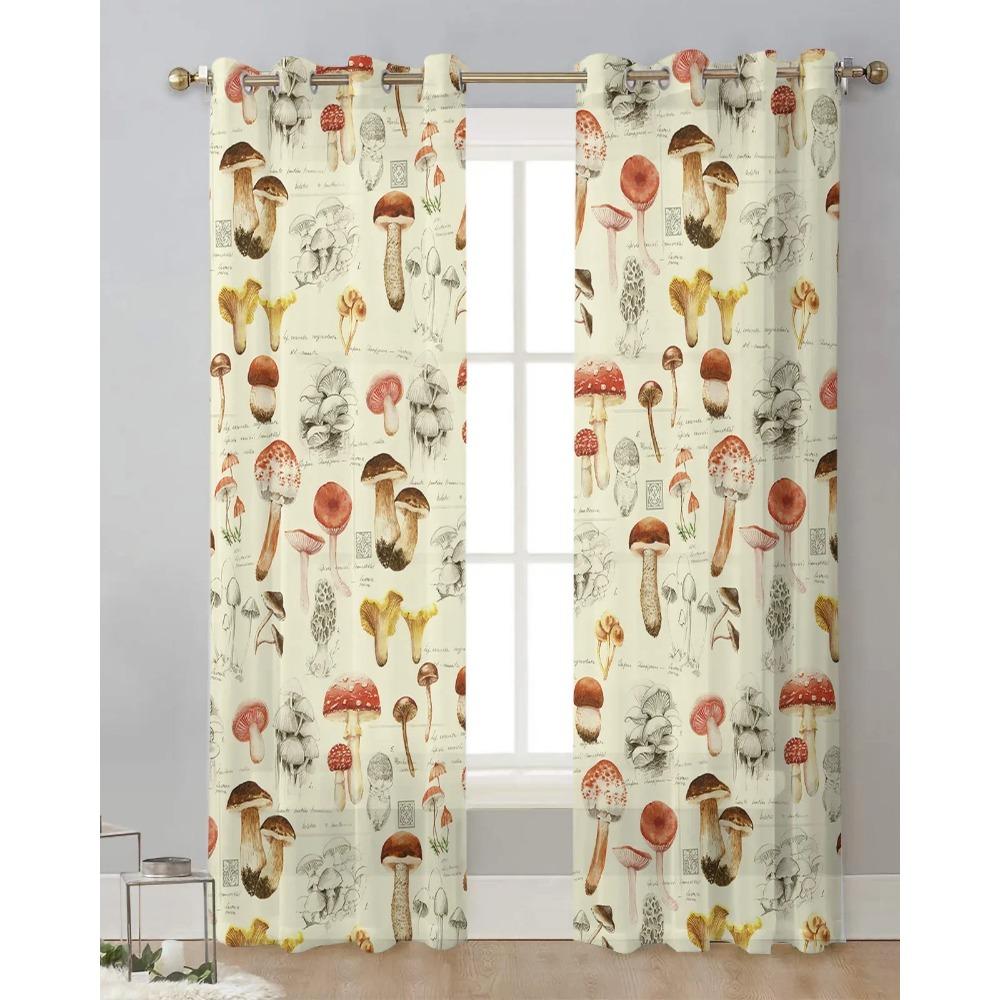 Mushroom Plant Vintage Sheer Drapes for Bedroom Living Room Decoration Window Curtain for Kitchen Curtain Panels
