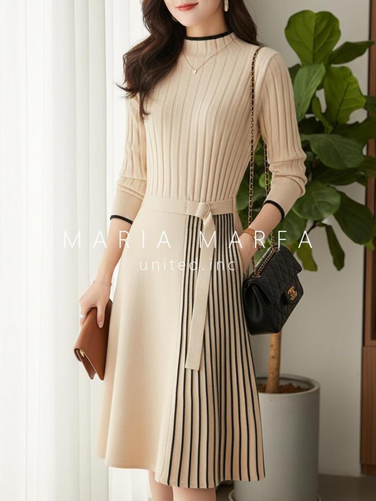 MARIA MARFA Ribbed Knit Tight Elegant Dress for Office and Party Size M Dress, Fall/Winter, Fit, Two-Tone, Wear, Ivory, (5A-M11-IVM)
