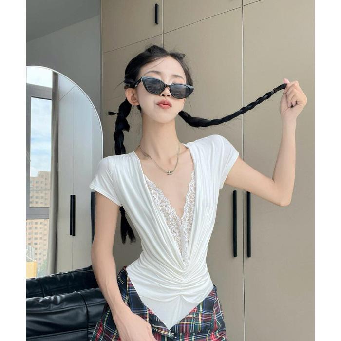 Shoulder splicing v-neck slim design niche versatile summer lace spice girl feeling pure T-shirt onesie