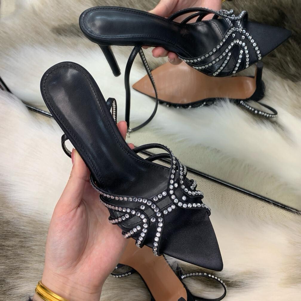 2025 summer new rhinestone black stiletto sexy satin open-toed pointed one-word strap cross-strap sandals women