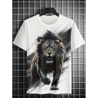 Sommer Herren T-Shirt Kurzarm Löwenprint Lässig O-Ausschnitt Pullover Mode Streetwear Herrenbekleidung Tier T-Shirts