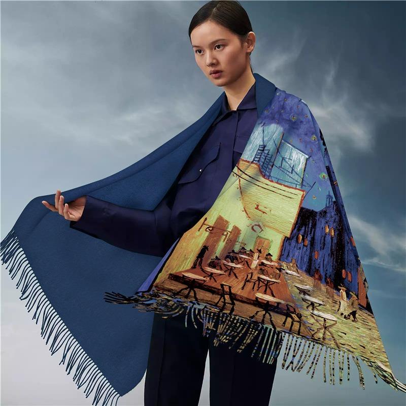 Exotic oil painting style scarf imitation cashmere warm shawl with women's versatile digital printing fringed scarf