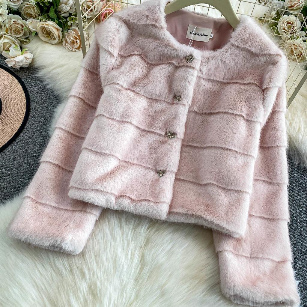 Autumn Winter Women Luxury Soft Mink Faux Fur Warm Short Jacket Diamond Button Single Breasted Christmas Outerwear Coat