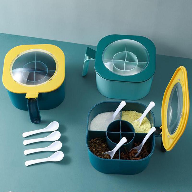 Boîte à Assaisonnements 4 en 1 avec Cuillère Pot à Épices Multi-Compartiment Salière Poivrière Pots à Épices Accessoires de Cuisine Récipient à Condiments