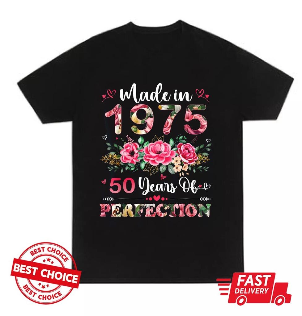 50 Years Old Shirts Made In 1975 Floral 50th Birthday Unisex Black T-Shirt