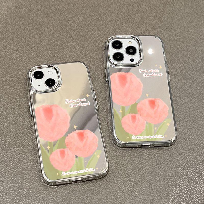 Girl Heart Tulip Painted Mirror Applicable iPhone17 Mobile Phone Case 16Pro Niche x Apple 14 All-Inclusive 15