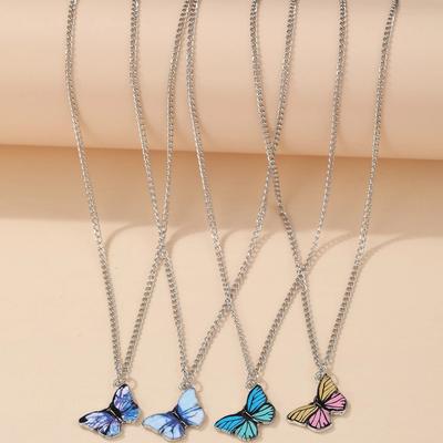 Colar de borboleta roxo e azul retrô vento frio, corrente de clavícula, colar de borboleta, colar de suéter de quatro peças