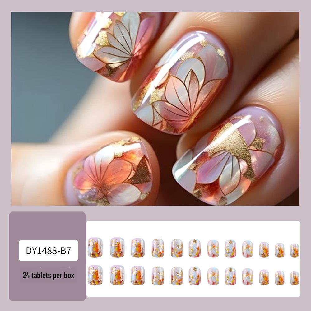 Trendy Glitter Ginkgo Nail Stickers: Short Light Luxury Style with High-End Sweet Patterns for Europe and America