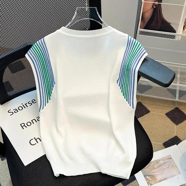 Women's Summer Ice Silk Spliced Sleeveless Knitted Vest Commute Thin Pullover T-shirt