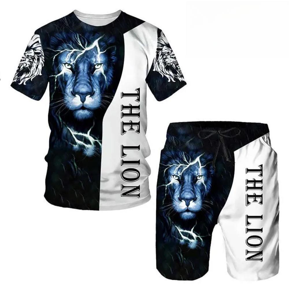Summer Round Neck 3D Animal Printed Set Fashionable and Casual Short Sleeved Shorts Men's Sport Wear