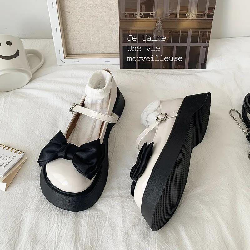 Bow small leather shoes women's British style platform muffin round head with skirt French Mary Jane Japanese jk big head shoes