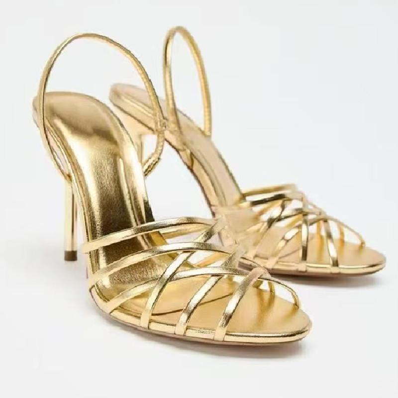 Luxury Gold Heeled Sandals Women Sexy Cross Narrow Strap Hollow Thin Heeled Bridal Pumps Fashion Back Strap Banquet Dress Heels