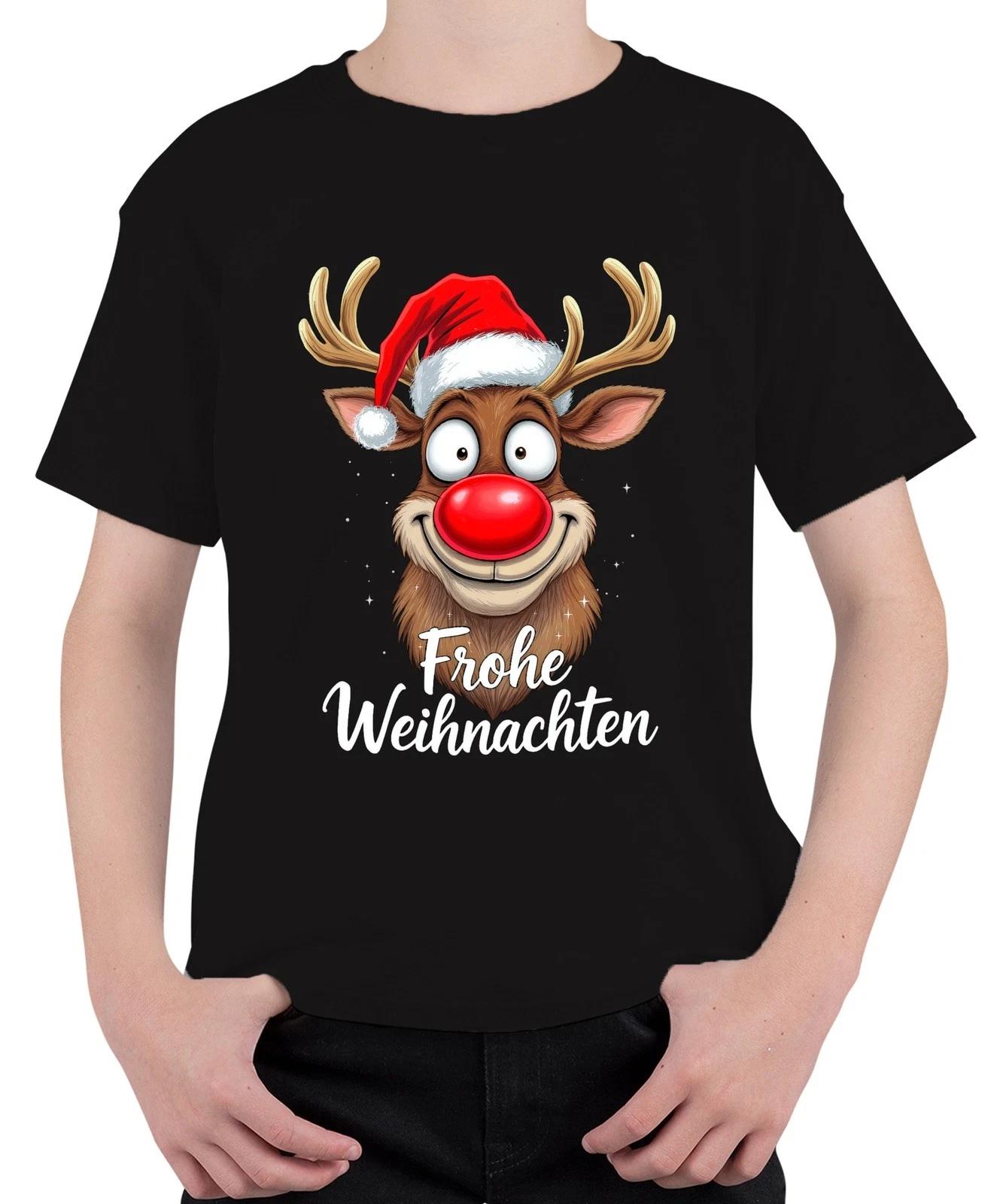 Frohe Weihnachten Lustiges Rentier Rudolf Weihnachtsmütze Cartoon Unisex Kinder XXXL