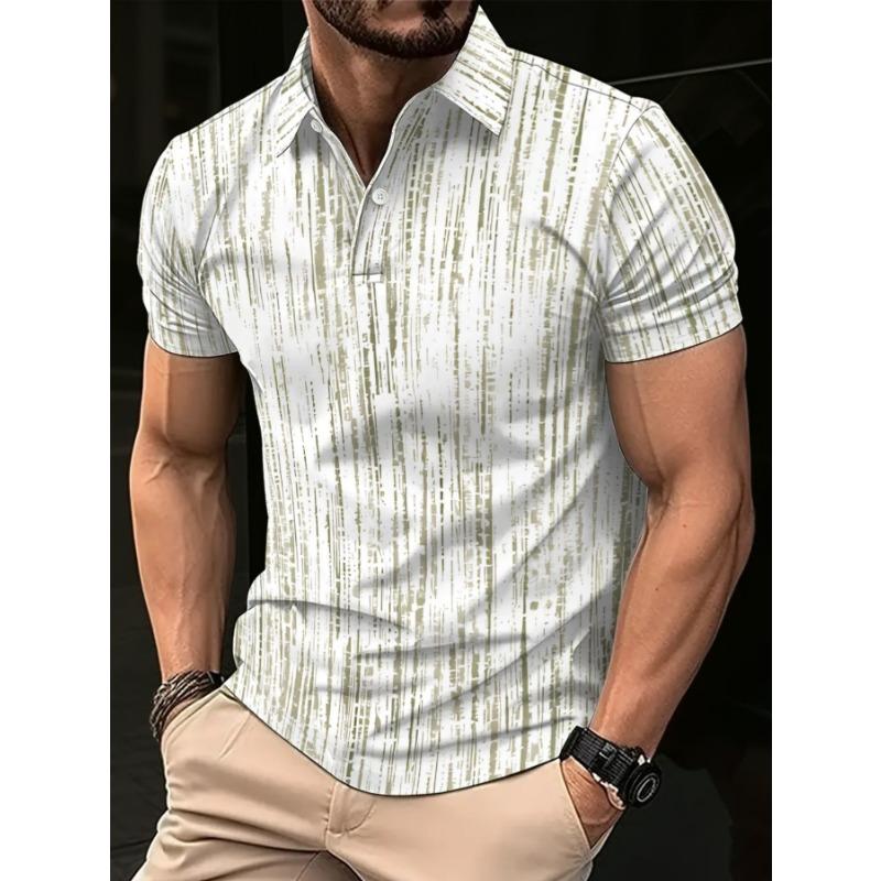 White khaki vertical striped texture shirt men's business casual trendy lapel short-sleeved top