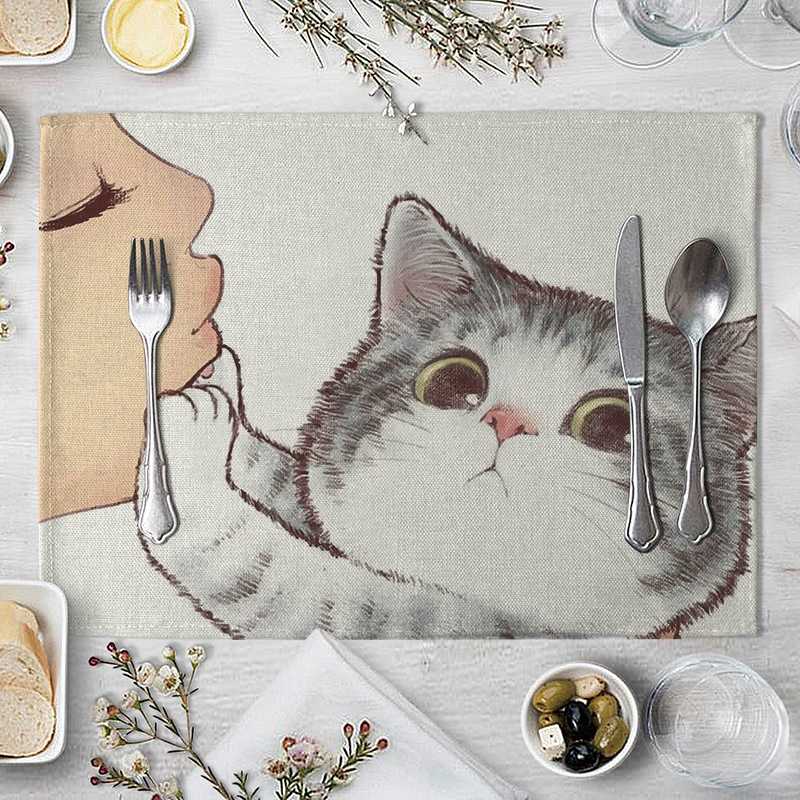 Cartoon Cat Placemat Cotton Linen Table Mat Kawaii Cats Animal Pattern Place Mats For Children Kids Kitchen Dinning Coaster Pad