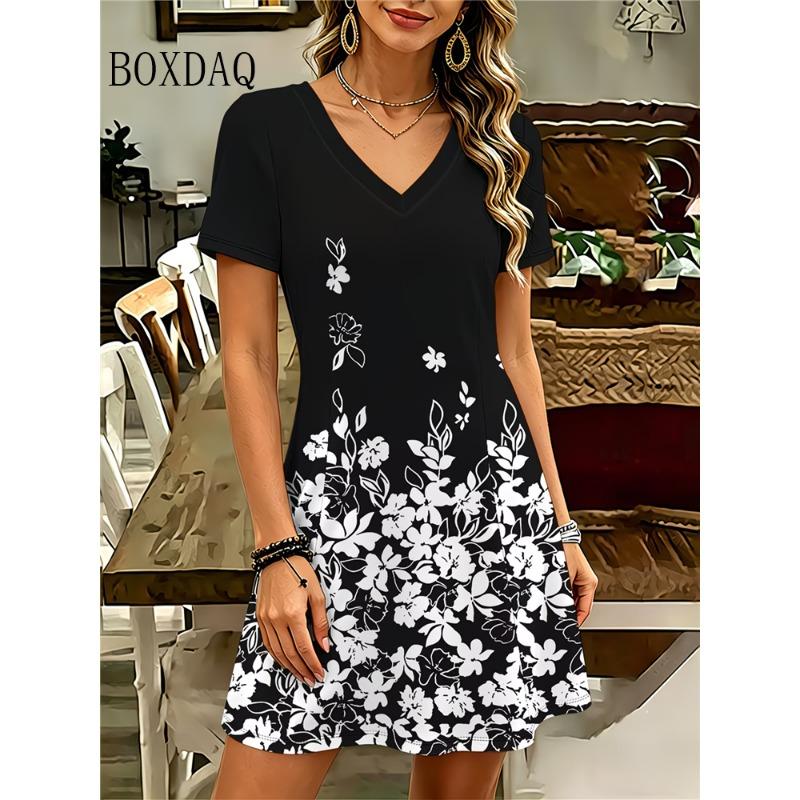 Plus Size Women's Dress Summer Beach Loose Casual A-Line Dress Vintage Boho Floral Printing Short Sleeve V-Neck Dress