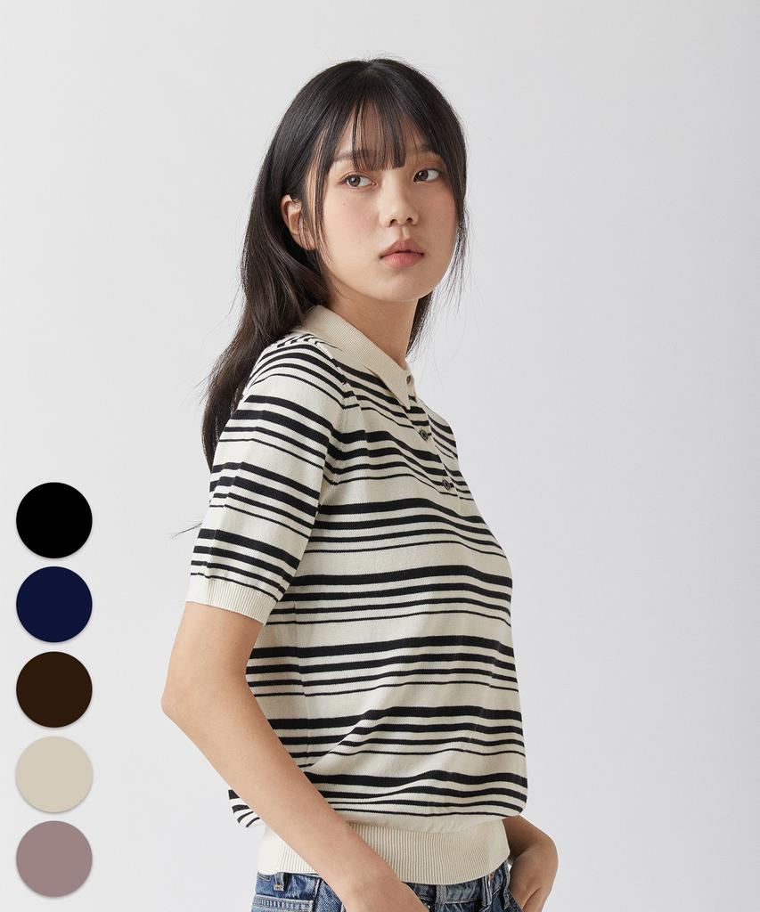 MANNERGRAM Nature Cotton 100% Striped Collared Short Sleeve Knit - 5 Colors
