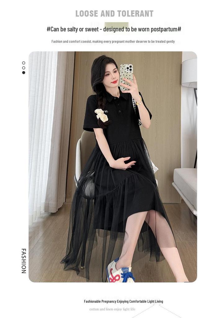 2026 Korean Style Summer Mesh Patchwork Maternity Dress