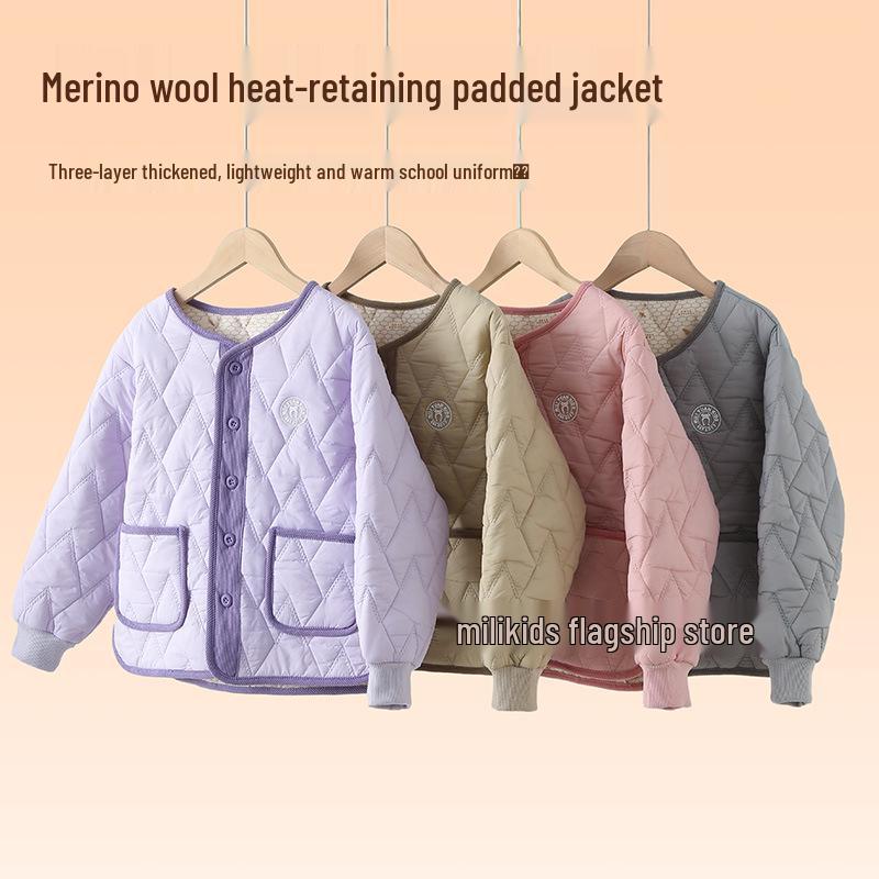 Dětská vlněná školní uniforma zimní bunda: Hřejivá, silná bavlnou vycpaná vnitřní vrstva pro základní školačky
