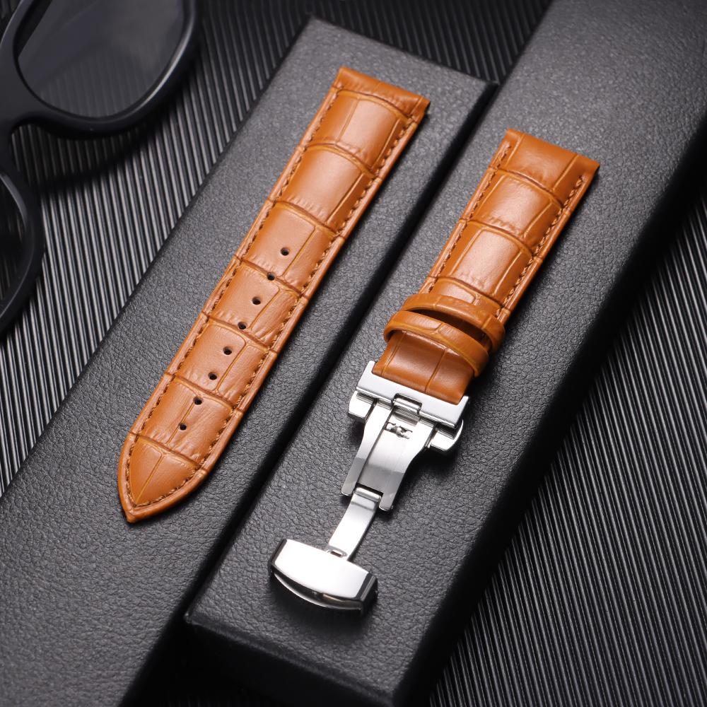 Genuine Calfskin Leather Watch Starp 12/13/14/15/16/17/18/19/20/21/22/23/24mm Universal Replacment Bands with Butterfly Buckle