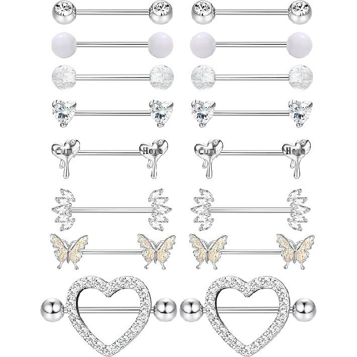 

Кільця для сосків Besteel 8 пар Соски з нержавіючої сталі 14G CZ Серце Метелик М’ячик Язичок Кільця штанги Фіксатор Прикраси для пірсингу для жінок срібний