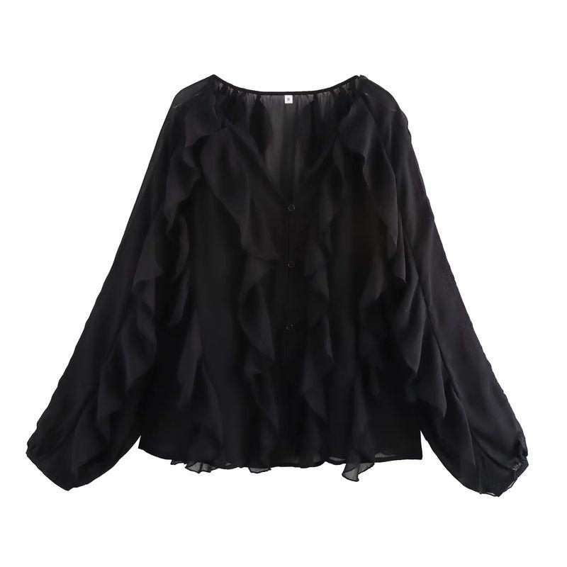 

Spring New Women clothes French style Single-Breasted Laminated Decoration Fashion V-neck Loose Long sleeve Shirts 4786063 Black L