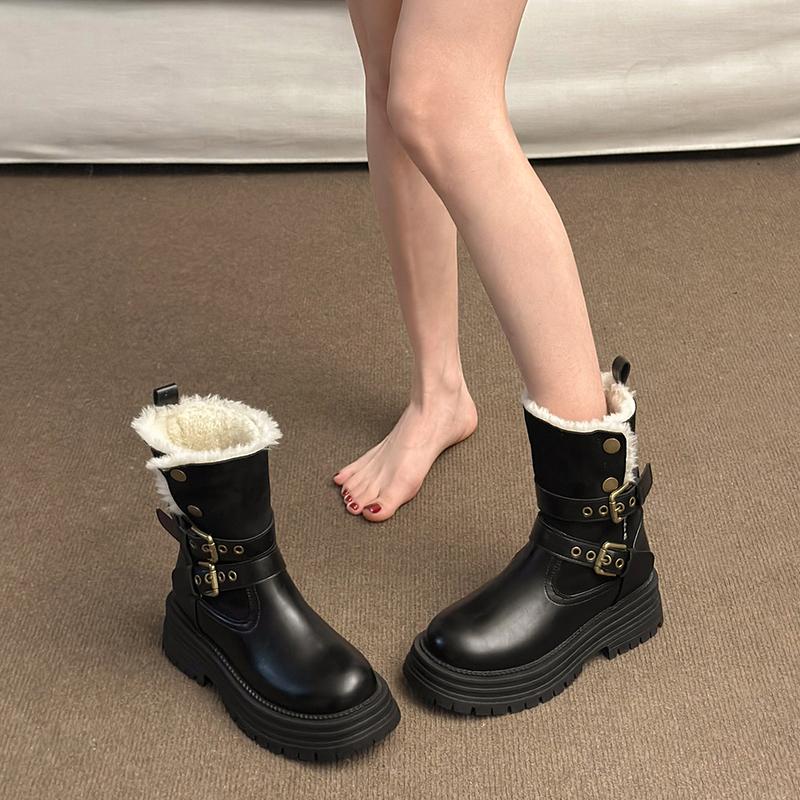 Fashion Winter New Thick Heel Cotton Boots Women's Fashion Round Head Sleeve Rivet Thick Sole Non-slip Short Boots