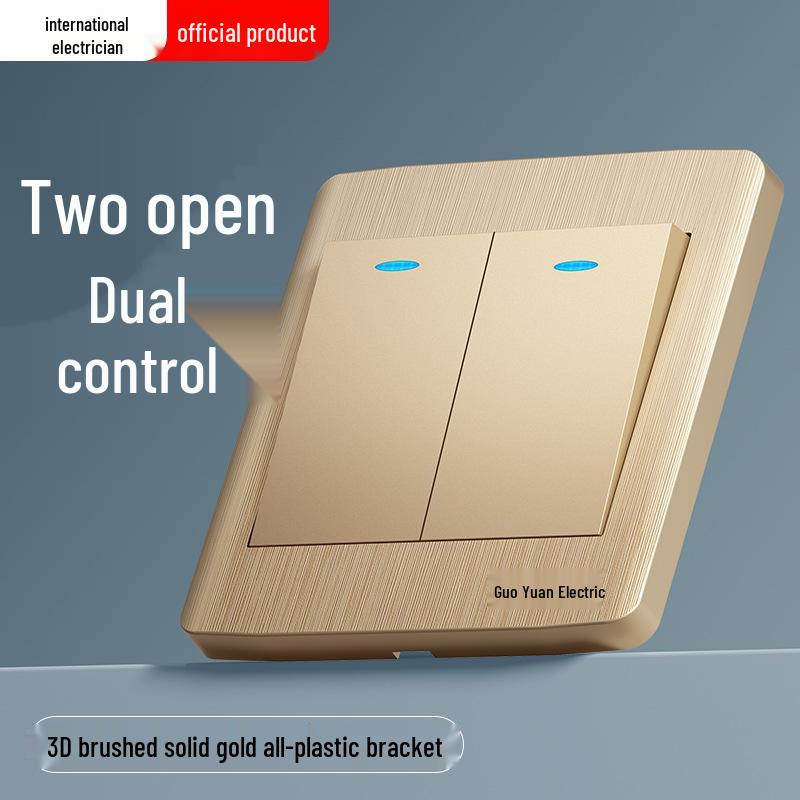 Gold 86 Typ Elektrische Nachttischlampe Wandschalterpanel mit Einzel-/Doppelsteuerung und Fünflochsteckdose