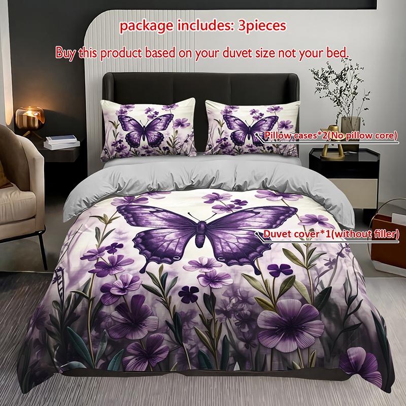 

3Pcs Purple Butterfly Floral Bedding Duvet Cover Set - Lavender & Purple Floral Design With Large Butterflies, Soft Polyester Duvet Cover Set&AU Single(140x210cm)