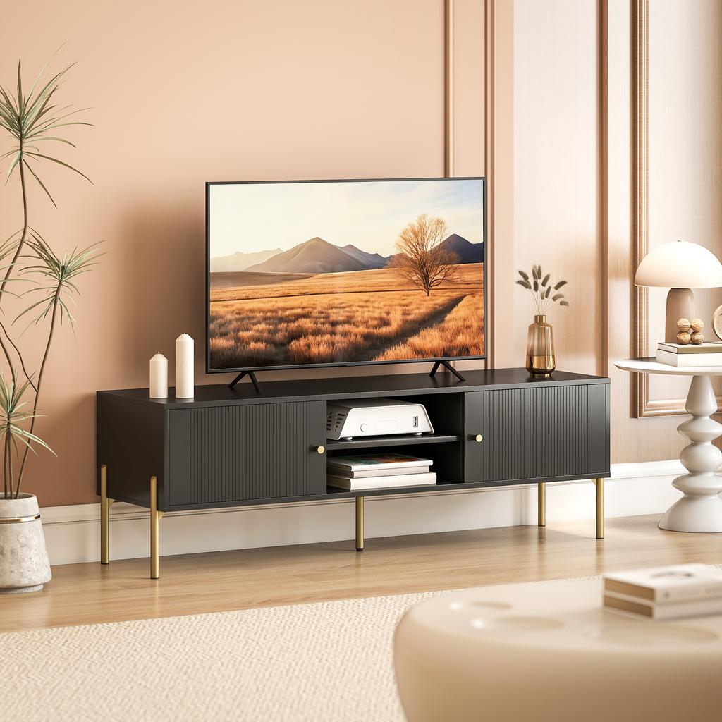 TV stand for TVs up to 65", Fluted Doors, Open Compartments, Steel Legs, 140 x 38 x 45.9 cm, Black