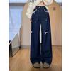 Retro Dunkelblaue Jeans für Damen Frühling Herbst Süße Spitze Schleife Jeans Weiblich Amerikanischer Stil Gerade Locker Weitbeinige Hose