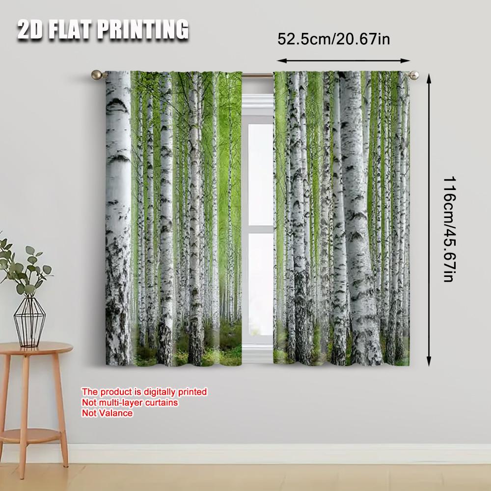 2pcs 2D flat printing Curtain Birch Trees Forest Durable 100% Polyester Fabric  Without Electricity Spring Party & Holiday Decor