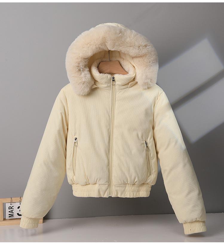 Women's Fleece-lined Cotton-padded Coat with Big Fur Collar Short Thickened Hooded Jacket