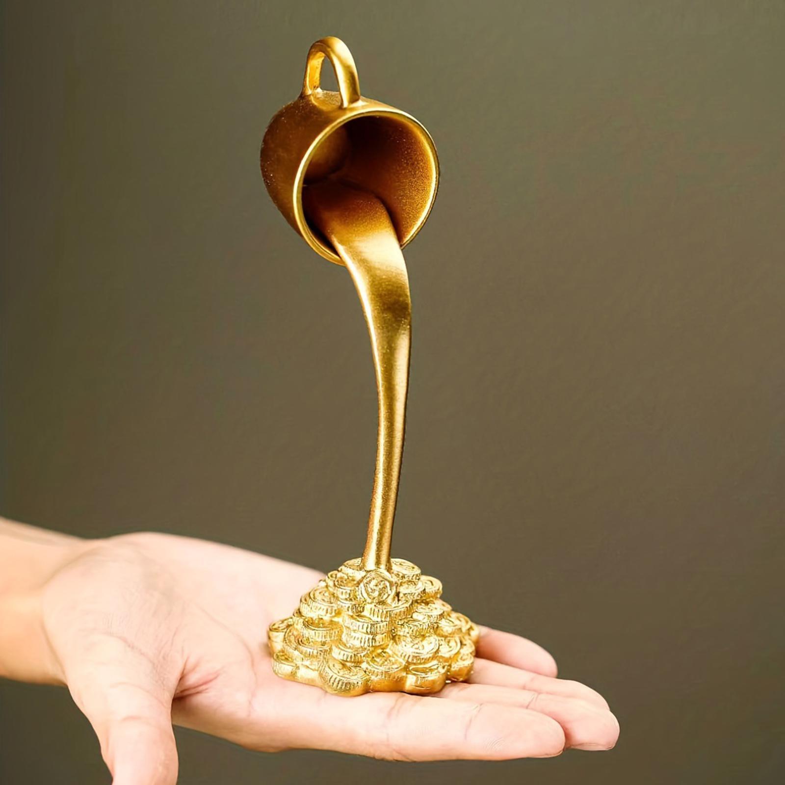 

Coffee Cup Mug Sculpture with Spilling Coins for Living Room Accent золотистый