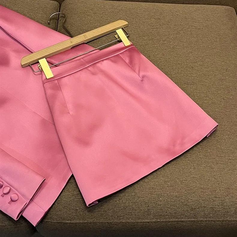 Women Spring and Autumn Pink Satin Slim Fit Blazer Hip-covering Skirt Commuting Two-piece Set