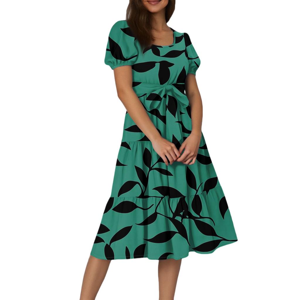 Women's Summer Floral Print Short Sleeves Neck Waistband Bohemian Flowy Maxi Dress With Pockets