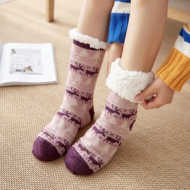 Winter Warm Socks Women Plush Soft Female Non Grip Floor Slippers Short Sock Fuzzy Fluffy Deer Elk Bear Christmas Gift