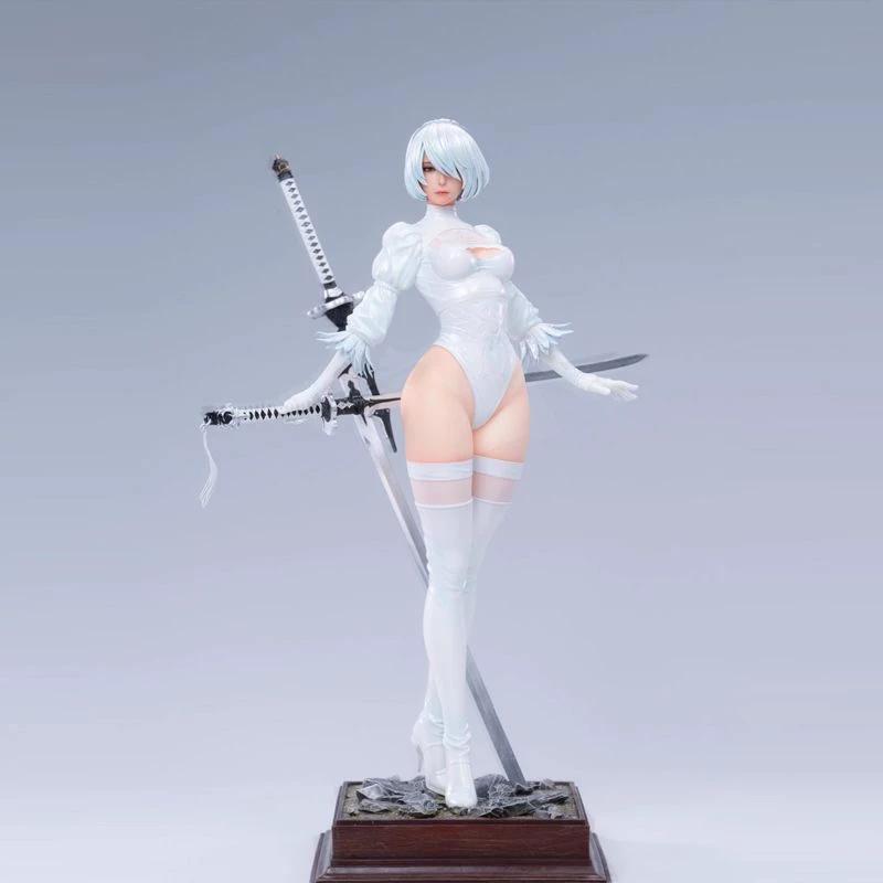NieR Automata 2B Anime Girl GK Figure Double Head Sculpture High Slit Battle Suit Collectible Statue Desktop Decoration