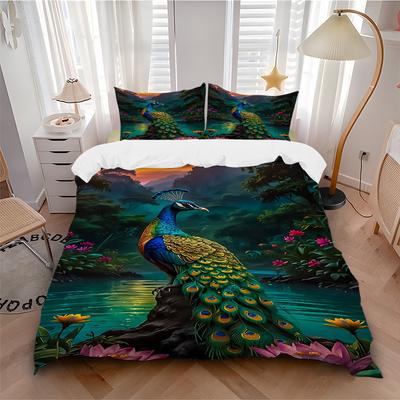 3pcs Peacock Nature Scene Duvet Cover Set - Machine Washable, Includes 1 Cover and 2 Pillowcases, No Core Included Yy251013129