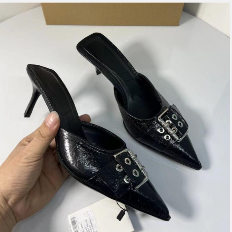 Mode Spitzschuh Damen Pantoletten Schuhe Gürtelschnalle Schwarz Lackleder Stiletto Hohe Absätze Modedesigner Sommer Sandalen für Damen