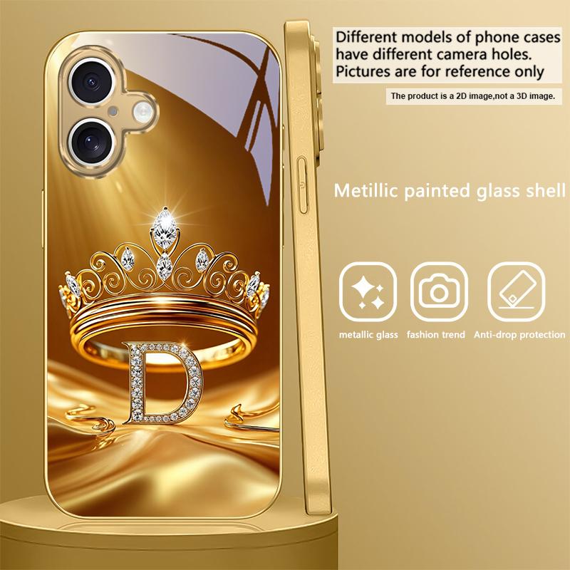 Inel Coroană Aurie Scrisoare Pentru iPhone Air 16E 15 PRO 14 13 Plus 12 mini 11 17 Pro Max XR 16 17ProMax 17Pro Carcasă Telefon Aurie din Sticlă